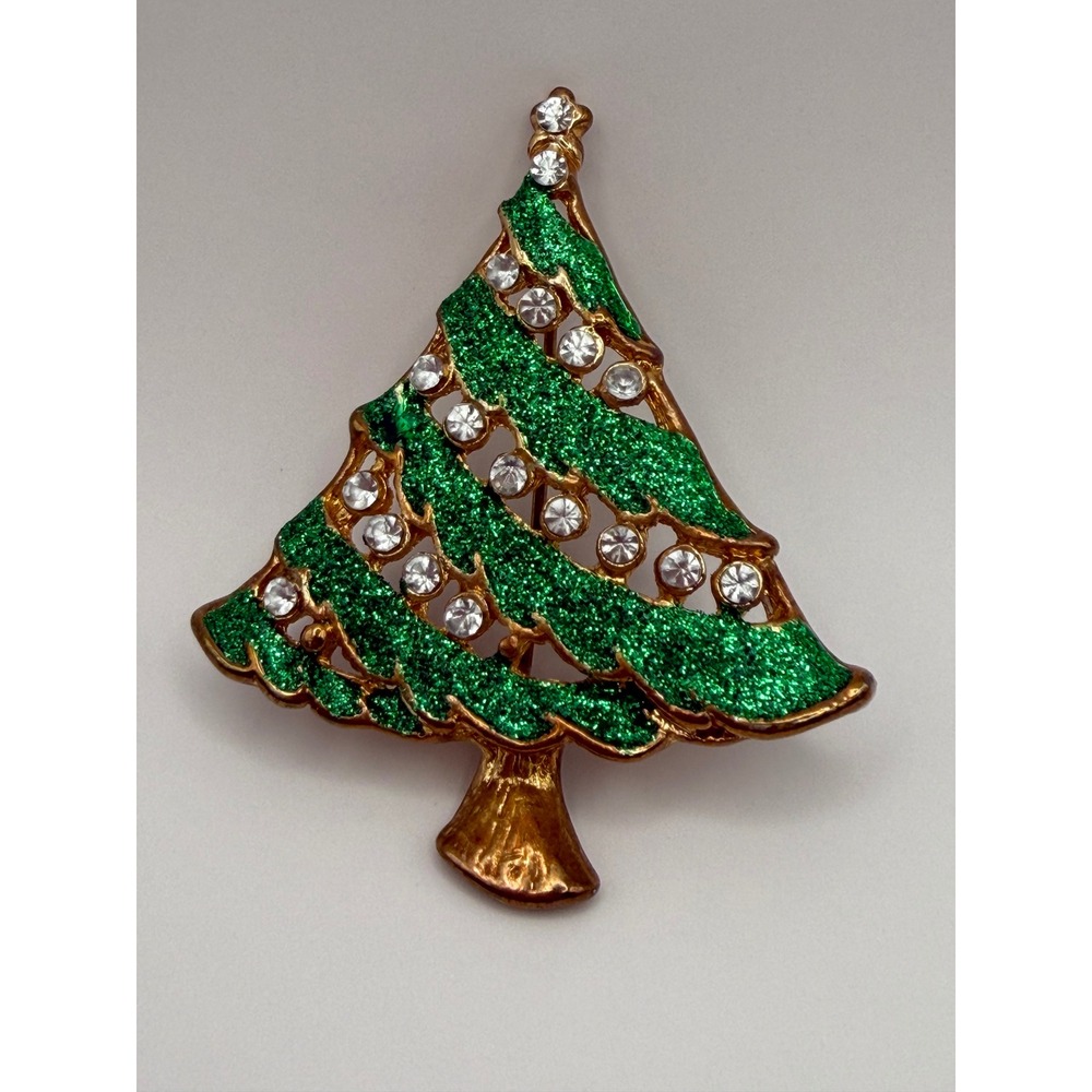 Sparkling Green Christmas Tree Brooch Rhinestone Holiday Festive Jewelry Gift